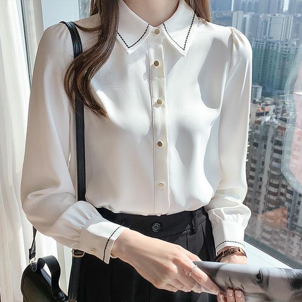 

women's blouses & shirts chiffon shirt solid color long-sleeved simple autumn 2021 temperament all-match blouse rm*, White