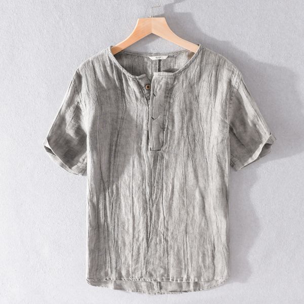 

2021 new summer short-sleeved retro pure linen brand casual shirts for men simple fashion pleated shirt mens round neck n3ro, White;black