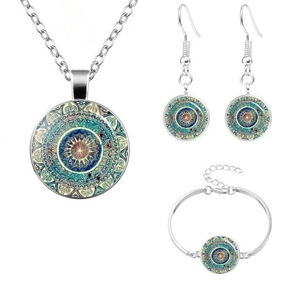 

earrings & necklace glass cabochon pendant bracelet india yoga mandala jewelry for women's fashion gift friendship, Silver