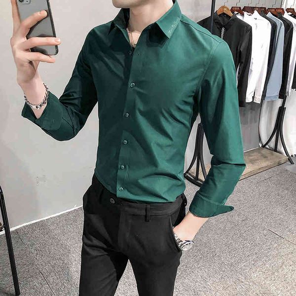 

men's casual shirts solid color men business dress shirt formal office work clothes long sleeve slim streetwear social chemise hom, White;black