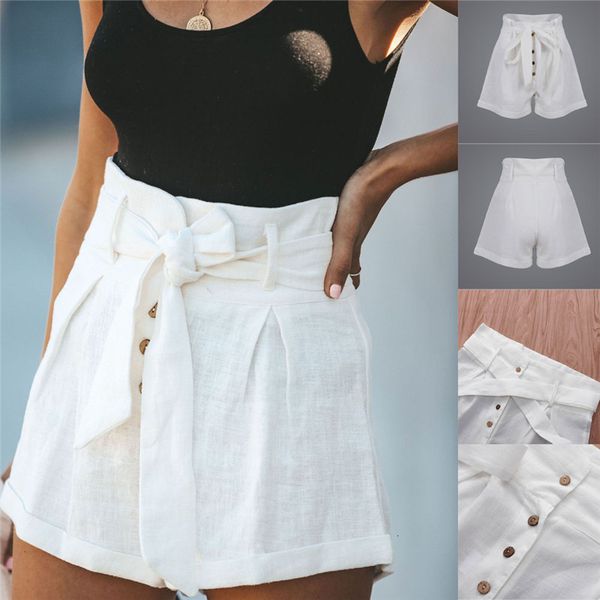 

women fashion solid strik tie high tail shorts ladies casual summer button, White;black