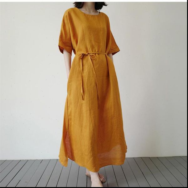

summer clothes new linen tie plus size long dresses women 2021 vintage solid color simple pockets dress, Black;gray