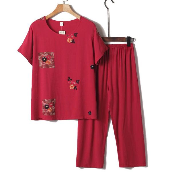 

women's two piece pants summer casual suit for women elderly round neck print short-sleeved t-shirt + two-piece, White