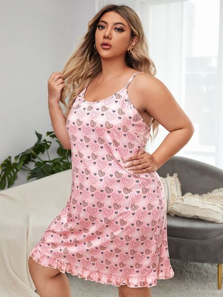 

plus allover heart print ruffle hem cami nightdress 25vv#, Black;white