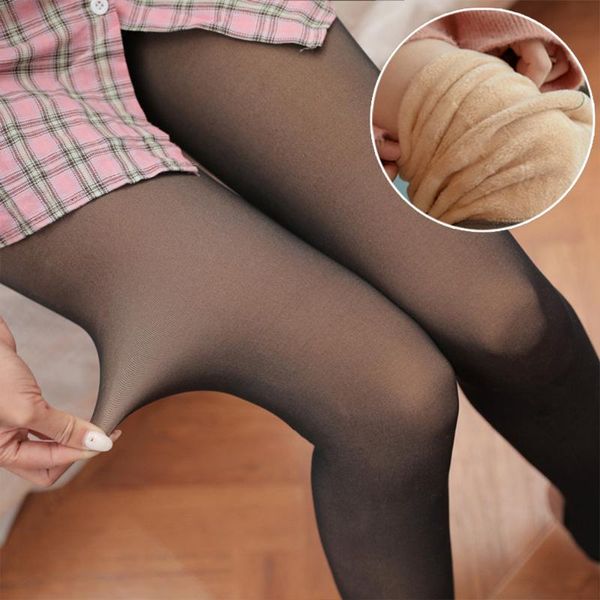 

women's leggings winter warm fleece women high waist elasticity fake translucent slim velvet thick pants stretc, Black