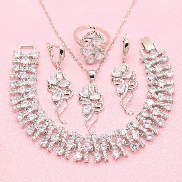 

earrings & necklace white cubic zirconia silver color jewelry sets for women earring pendant ring bracelet gift box