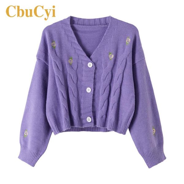 

women knitted cardigan cute fashion loose sweater spring autumn v-neck lantern sleeve embroidery floral harajuku female cardigan, White