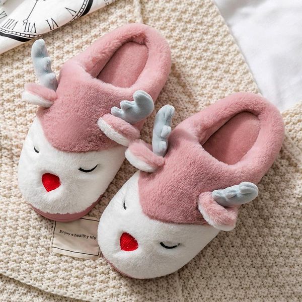 

slippers winter cute cotton female indoor home lovers non-slip cartoon thick bottom men's plus size fashion keep warm elk plush, Black