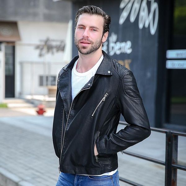 

men's fur & faux product 2021 plus size casual slim leather coats fashion men diagonal zipper solid male biker jacket warm fleece, Black