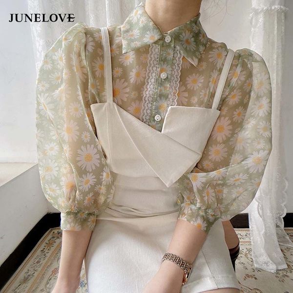 

women's blouses & shirts philosophy floral printed mesh women blouse vintage puff sleeve turn down collar boho causal blusas muje, White