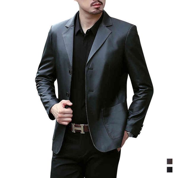 

autumn winter leather et thickened sheep medium and long casual middle-aged men's suit collar coat, Black