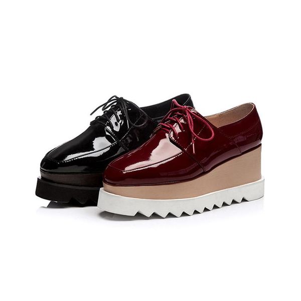 

dress shoes 2021 fall winter female wine red patent leather high heel 8cm platform wedge autumn women, Black