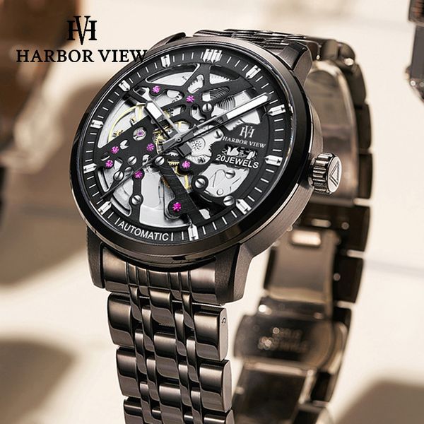 

watch harbin view luminous waterproof double sided hollow steel band men's automatic mechanical, Slivery;brown