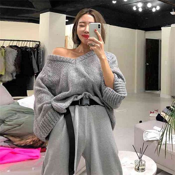 

fashion women sweater 2021 autumn and winter loose large size bat sleeves lazy v-neck sweater sweater women, White;black