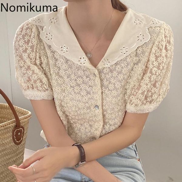 

women's blouses & shirts nomikuma lace hollow-out women blouse short sleeve turn down collar patchwork korean blusas mujer de moda 2021, White