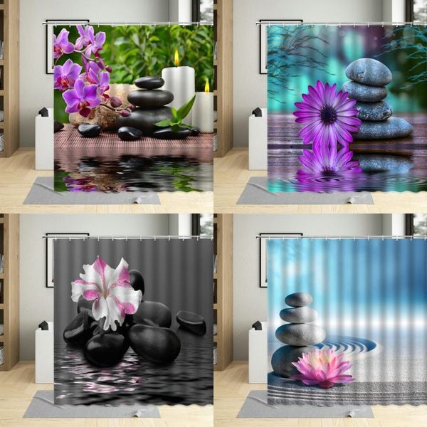 

shower curtains zen stone with hooks bathroom bamboo purple flower candle printing bathtub decor waterproof curtain screen
