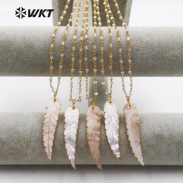 

pendant necklaces wt-jn034 bohemia style dainty big feather shape natural sea shell with gold trim 18 inch crystal rosary chain necklace, Silver