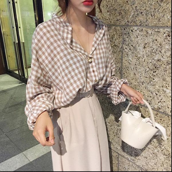 

women summer autumn plaid cotton v neck long sleeve blouse female plus size casual shirt haut femme kimono roupas, White