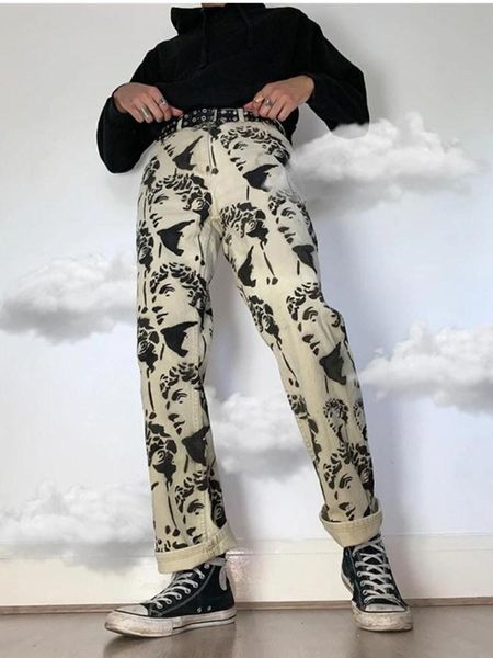 

men's jeans printed statuary loose straight men denim biker casual pants hip hop man jean hombre pantalon artistic work size s-3xl, Blue