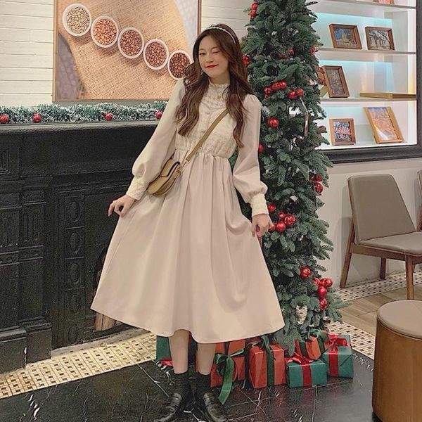 

casual dresses sannian women autumn and winter sweet lace stitching fake two-piece temperament waist lantern sleeve long dress, Black;gray