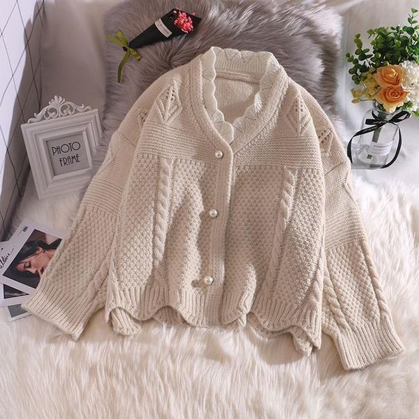 

women's knits & tees korean version of the knitted cardigan women 2021 autumn and winter solid color v-neck sweater coat loose all-matc, White