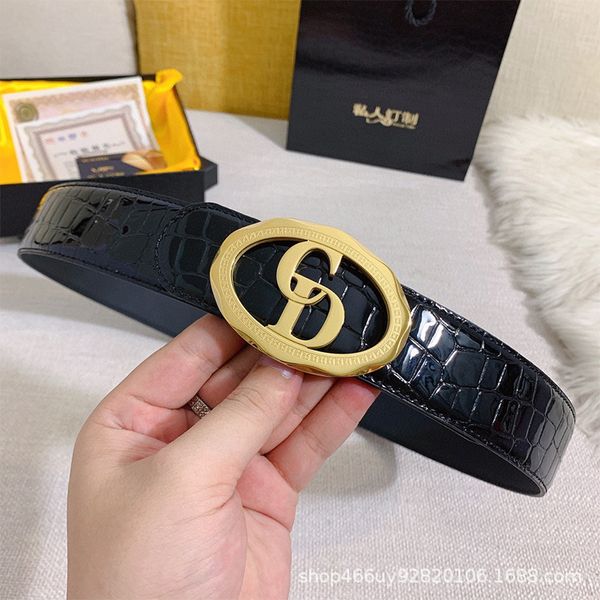 

2021 new c/d letter steel men's c-ro-codile pattern headwear calf leather smooth buckle belt, Black;brown