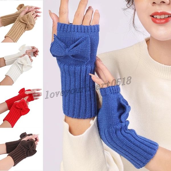 

winter warm arm covers bowknot fingerless gloves arm cover female solid color simple all-match decorative wool knitted mittens, Blue;gray