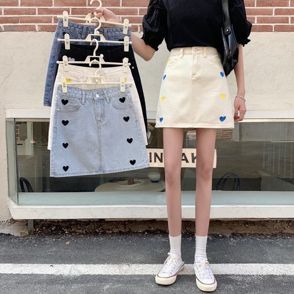 

skirts spring summer fashion high waist a-line denim skirt mini korean sweet style love embroidery pocket women clothing hipster, Black