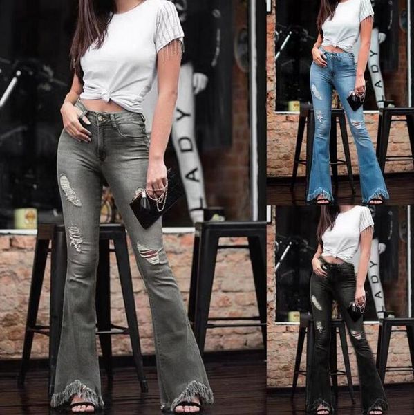 

europe and america womens casual jeans women denim solid color pants female elegant jeans casual bell bottom trousers, Blue