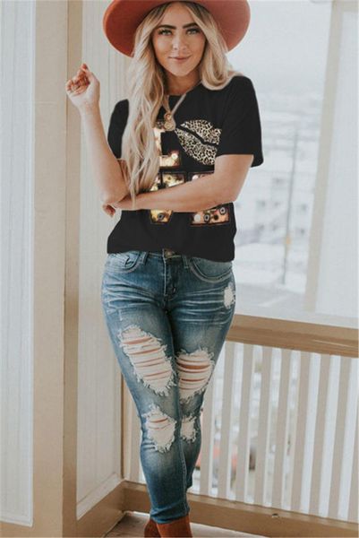 

women's t-shirt women spring and summer short sleeve t shirt leopard lip loose casual print black green pullover, White