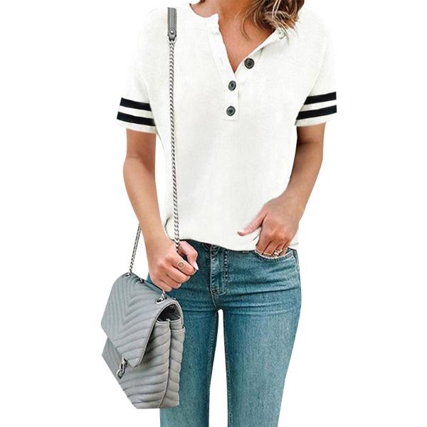 

women's t-shirt vintage button v-neck shirts women elegant stripe short sleeve ladies summer casual loose t shirt female tshirt d30, White
