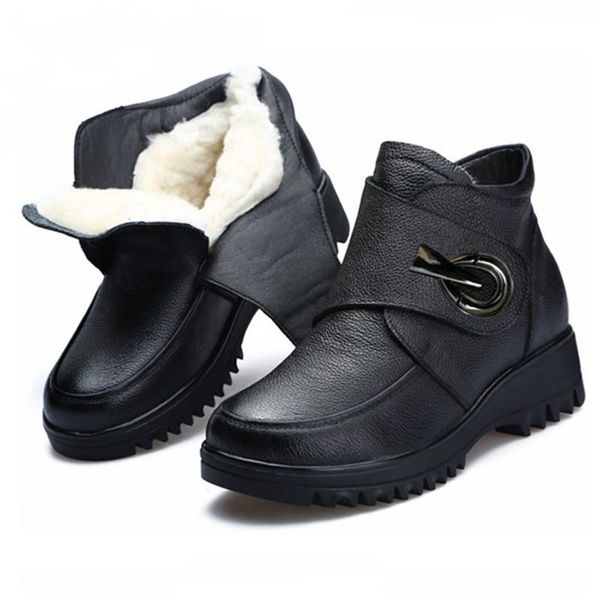 

boots warm wool leather cowhide for women winter genuine flat platform 2021 plush snow, Black