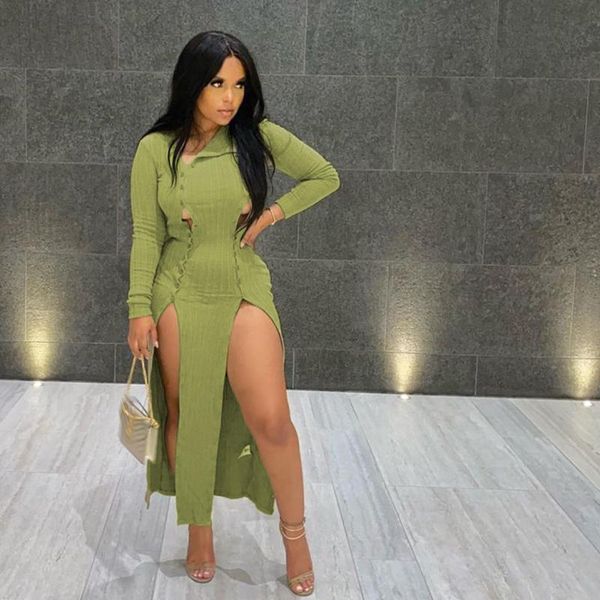 

casual dresses skmy clothes for women green dress long sleeve buttons hollow out split midi clubwear autumn and winter fashion, Black;gray