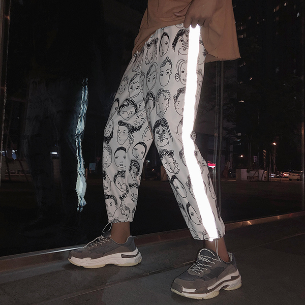 

reflective harem gothic pants women hip hop streetwear ankle length trousers plus size mid loose pencil pantalon female, Black;white