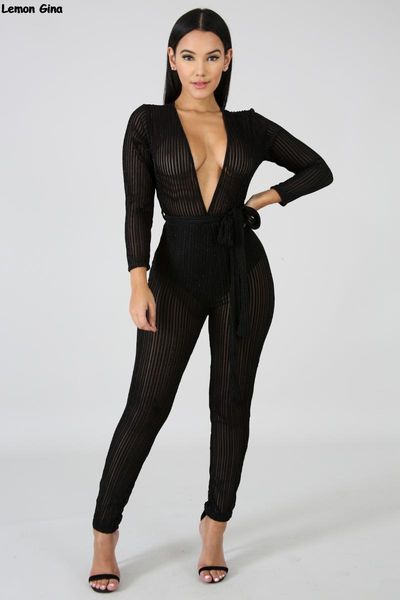 

women's jumpsuits & rompers women stripes mesh see though deep v-neck long sleeve pencil pants bodycon sj3243, Black;white