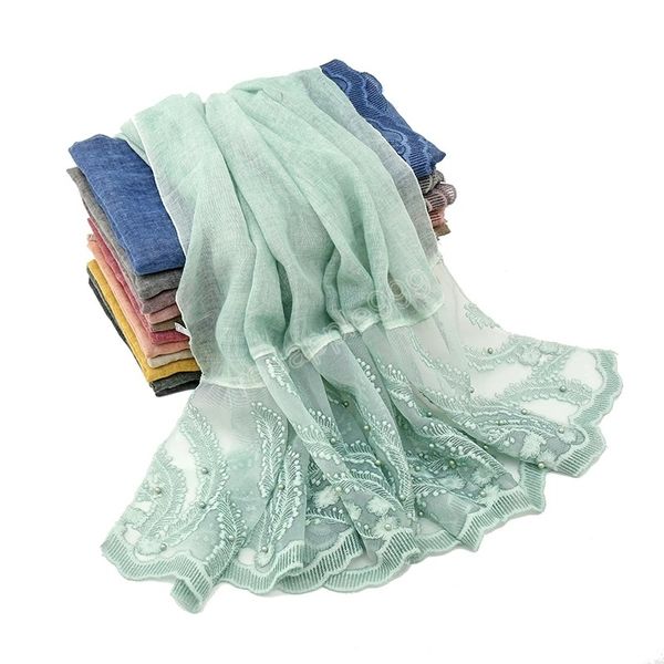 Bordado Floral Algodão Cachecol Simples Foulim Muslim Mulheres Moda Longa Lace Shawl Seascreen Sunscreen Scarves Headband