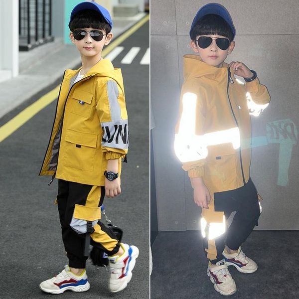 

clothing boys spring sets 2020 new youth autumn sportswear windproof hooded jacket +pants big boy kids reflective 2 pcs set, White