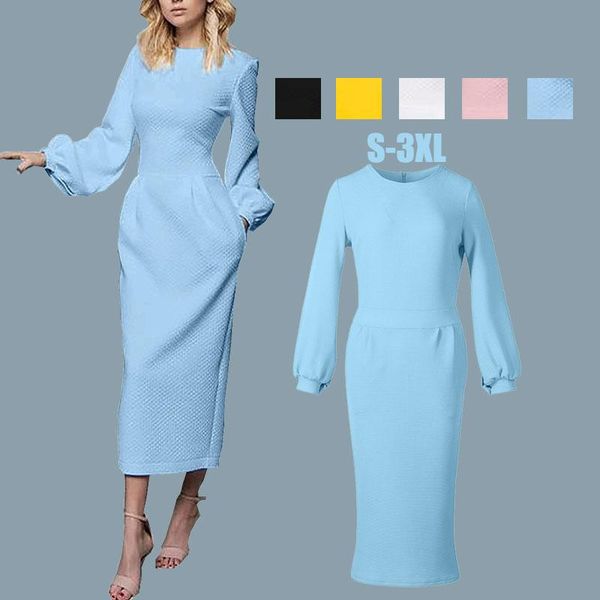 

casual dresses pure o neck lantern sleeve bodycon dress for women clubwear party night basic elegant midi mujer 2021 spring autumn, Black;gray