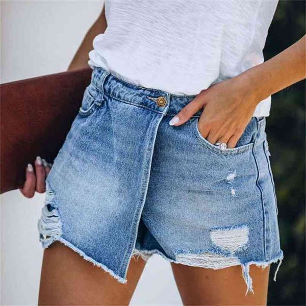 Mulheres rasgadas jeans shorts sexy cor sólida sexy algodão misturado buraco quebrado lazer atraente para praia verão 210714