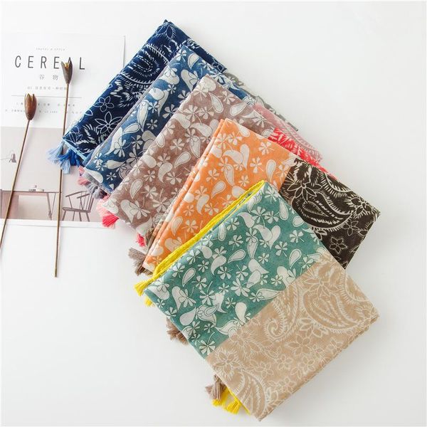

scarves ethnic style cashew nut print pattern beach sunblock towel shawl dual-use gauze scarf for women cotton and linen, Blue;gray