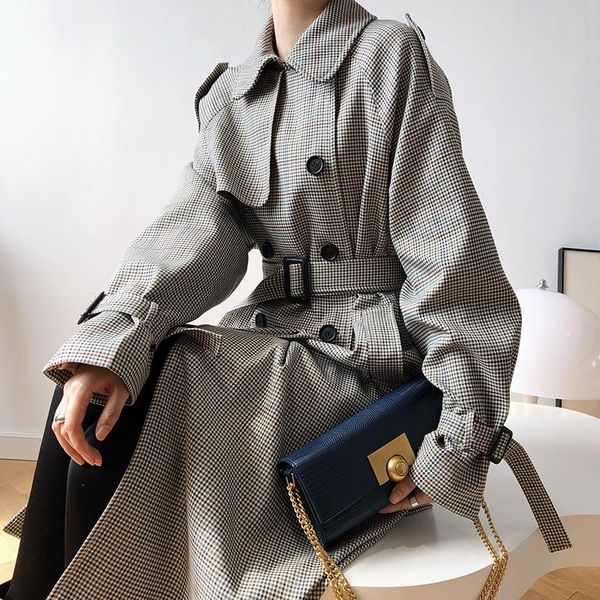 

houndstooth trench coat female outwear female windbreaker spring 2021 belt retro double breasted long trench coat women, Tan;black