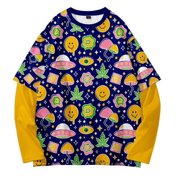 

men's hoodies & sweatshirts cartoon ufo summer retro trend street fashion round neck fake two, Black