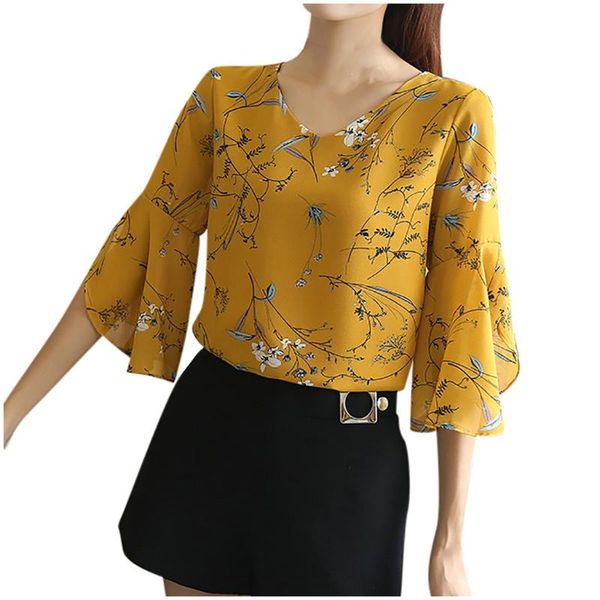 

women's blouses & shirts plus size shirt fashion women chiffon v-neck short flare sleeve ladies printed t-shirt clothing, White