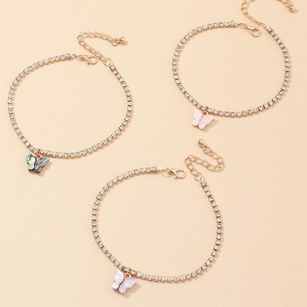 

anklets 3pcs/set multi-layer butterfly anklet bracelet charm jewelry crystal gold color summer beach, Red;blue