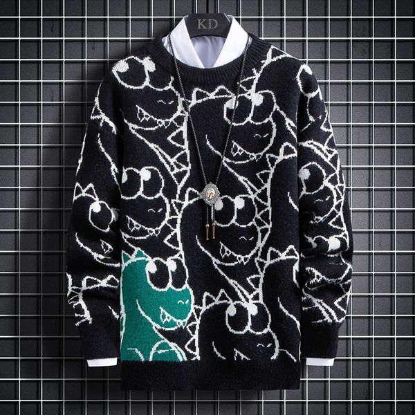 

2021 new harajuku knitted sweaters men hip hop pullover dinosaur printed sweater funny streetwear male winter ezoj, White;black