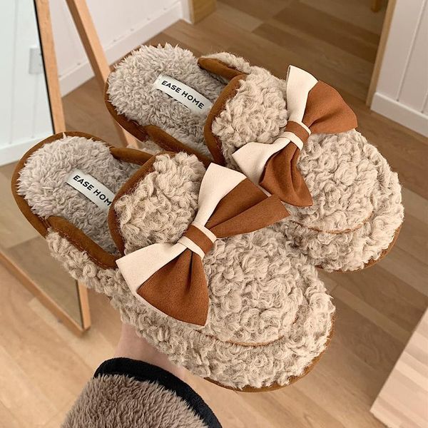 

slippers 2021 fashion butterfly-knot house women winter female indoor outdoor home warm plush slides faux fur furry cotton shoes, Black