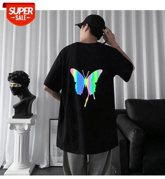 

T-shirt men summer short-sleeved reflective butterfly printing Hong Kong style loose tide brand trend ins round neck shirt #9O7K, White;black