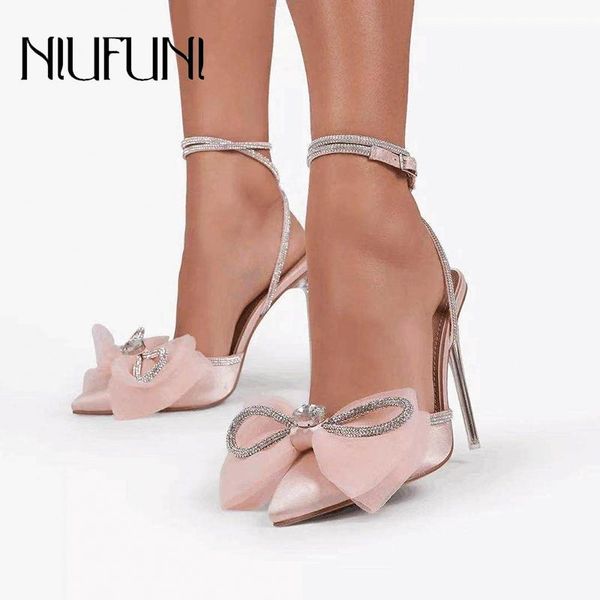 

niufuni pointed toe rhinestone women's sandals fashion crystal bow stiletto high heels buckle wedding for women sandales femmes, Black