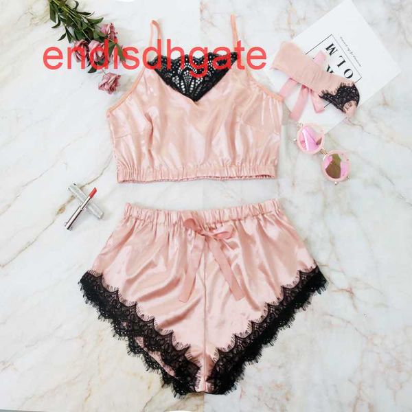 

pajama thin shoulder belt girl silk cute eye mask eyelash lace splicing shorts suit, Black;white