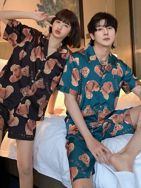 

ice couple pajamas short sleeve two piece suit korean cartoon thin summer men's and women's silk home clothes, Black;brown